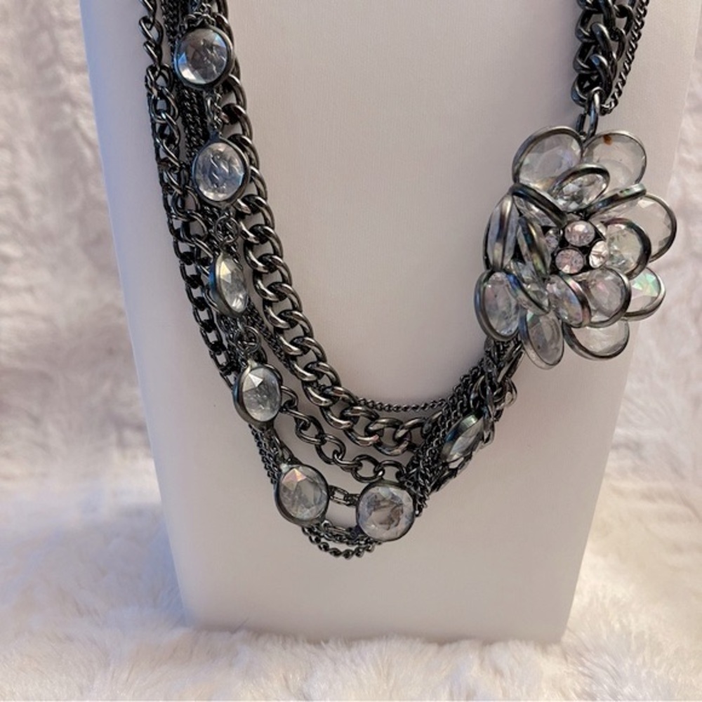 Vera Wang Multi-Strand Silver & Gunmetal Crystal Necklace With Rhinestone Flower - Picture 6 of 16
